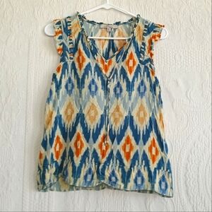 Le Serein Turquoise Ikat Print Blouse Western Boho Cap Sleeves Cute Flowy Ruffle